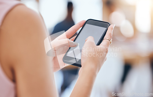 Image of Woman mock up, blank screen and phone of business person, creative designer and entrepreneur browsing, texting and planning in agency. Closeup of manager check online, internet and app notifications