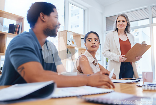 Image of Training, workshop and coaching with a female leader, manager or boss in a meeting with a business man and woman employee. Collaboration, planning and strategy with a team at the office with a mentor