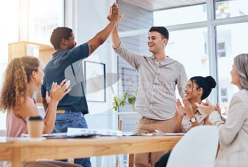 Image of Business people giving high five for success in meeting, people clapping hands for team achievement and in celebration of company win. Excited, growth and support in partnership at work office