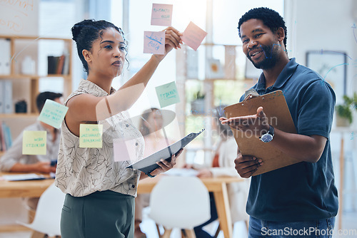 Image of Sticky notes, planning and collaboration partnership marketing team working on advertising idea for startup business. Strategy, teamwork and support from black employee brainstorming a success plan