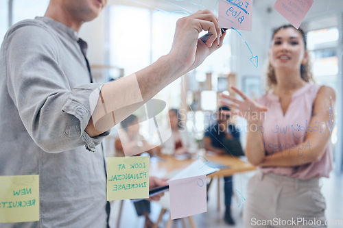 Image of Teamwork, sticky notes and business on a board or moodboard in a modern company office. Corporate team, people or staff working together on a pinboard in communication and planning a strategy.