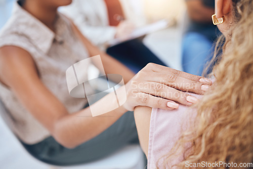 Image of Hand of woman, support group or psychology, therapy and rehabilitation. Counseling, rehab and girl ready to help, aid or be of service to friend after drug addiction, depression or poor mental health