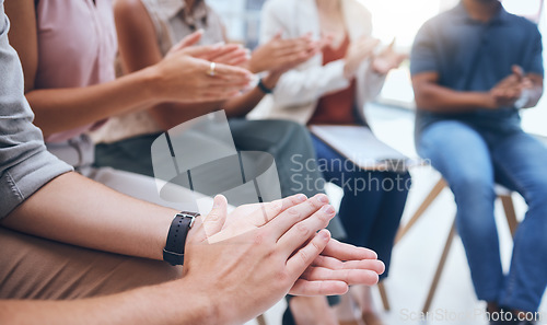 Image of Hand clap, audience row and corporate workshop at tradeshow or seminar pitch with coworkers. Gratitude, thank you or friendly welcome gesture from crowd at business meeting with applause.