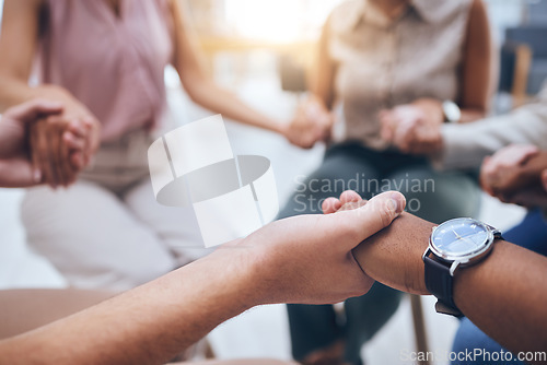 Image of Hands, prayer and trust with people together in a support group for help, trust or worship in spiritual faith. Hope, friendship and community with friends in a circle of respect and religion