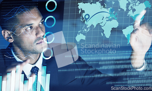 Image of IT businessman with futuristic infographic of global chart, big data analytics or international company finance software screen overlay. Information technology, corporate fintech or world future seo