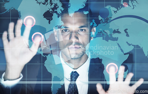 Image of Digital big data cloud computer man, futuristic web graphs and digital transformation with businessman, trader or investor. Face of website developer, crypto reading analytics and research on tech