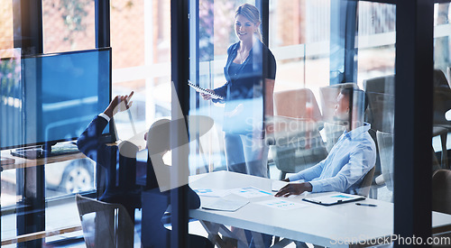 Image of Digital marketing presentation, business meeting and teamwork at table of office room. Female leadership, collaboration and leader coaching workers, blockchain training workshop and finance strategy