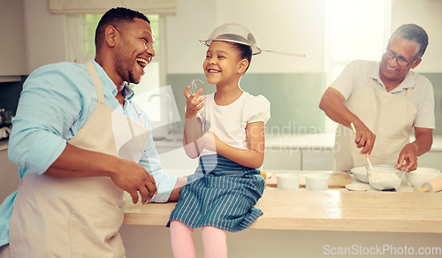 Image of Girl, father and funny and crazy kitchen entertainment with child to bond with parent in home. Silly, cute and happy family relationship with innocent and goofy fun while cooking together.
