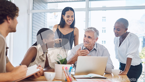 Image of Teamwork, diversity and innovation in meeting on laptop with team, communication or talk. Planning, leadership or strategy with corporate people working on a project on computer together in office