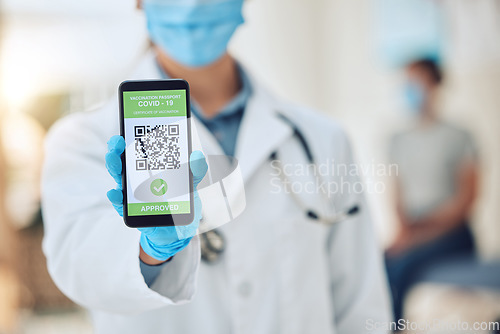 Image of Covid vaccine barcode on phone, digital passport on screen of smartphone for security and future travel and online certificate for insurance. Hand of doctor with document on web for safety and health