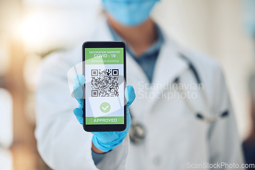 Image of Doctor covid travel, vaccine passport on smartphone and vaccination certificate. International immigration, digital health innovation app, qr code technology and airport security regulation check
