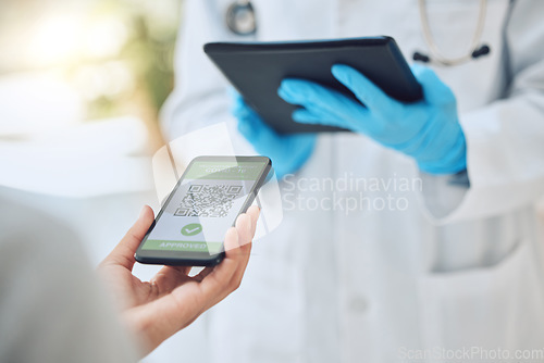 Image of Digital covid vaccine qr code, phone immunity certificate and healthcare passport for medical doctor to check at clinic test site. Hands, mobile app and booster shot, wellness data and risk identity