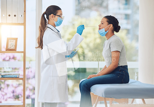 Image of Doctor, covid nose test and woman in hospital for healthcare compliance, insurance policy routine and medicine research. Medical worker, trust and consulting employee with sick patient and face mask