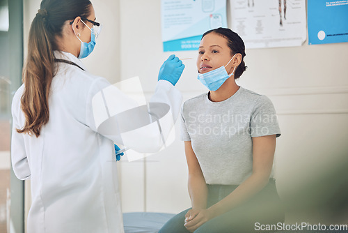 Image of Doctor or nurse doing covid test in a medical research facility with with cotton swab. A healthcare expert or worker testing a woman patient for coron, virus or disease in a hospital or clinic