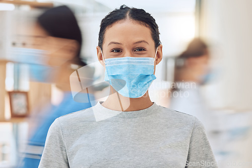 Image of Covid, mask and woman from Mexico with face safety, protection and medical facial hospital gear. Portrait of .dengue and corona prevention at a healthcare clinic and Mexican patient at a checkup