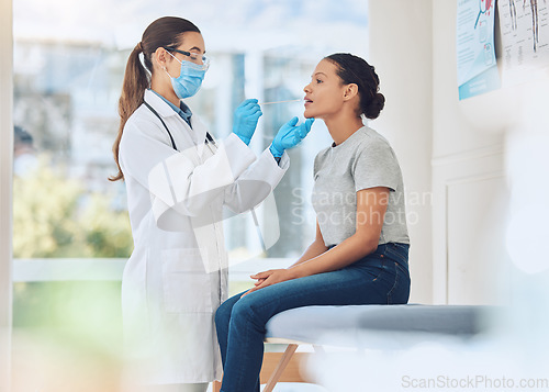 Image of Covid, mask woman and patient mouth test with medical doctor specialist at consulting facility. Healthcare worker doing virus swab examination for person with coronavirus sickness symptoms.