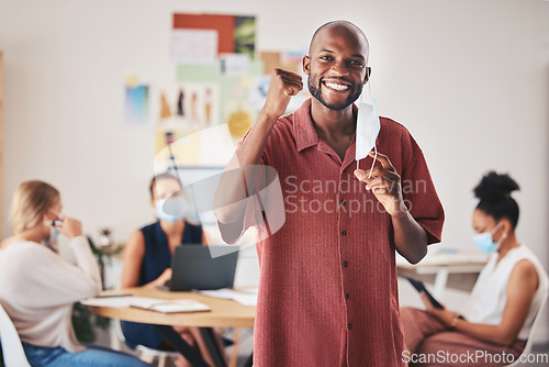 Image of Face mask, excited business man and covid compliance portrait with motivation vision to stop global danger virus. Smile, happy and success for black office businessman in end of pandemic celebration