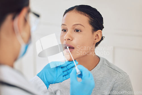 Image of Female patient, healthcare and covid test using swab in mouth to collect specimen at testing center. Medical professional or doctor with gloves for hygiene while working with coronavirus in hospital