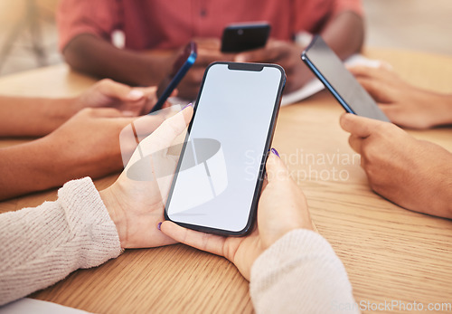 Image of Smartphone, blank screen display in hands for advertising, mockup design and marketing app. People on social media with 5g phones using wireless tech for online app, website or new modern software