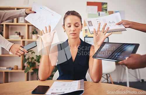 Image of Burnout, stress and business woman overworked from too much, work overload and pressure marketing corporate company. Time management, frustrated and tired employee in digital agency office building