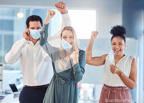 Image of Business people, covid or taking off face mask in teamwork success after lockdown or global pandemic disease. Compliance portrait of happy, cheering or office diversity celebration for man and women
