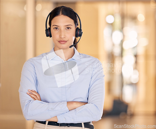 Image of Call agent, woman and portrait of frown with arms crossed and unhappy face expression at job. Consultant and customer service worker in disappointed, upset or frustrated mood with workplace.