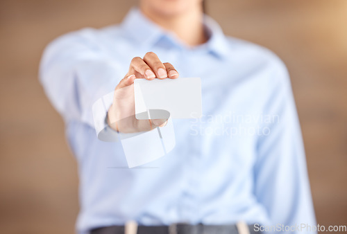 Image of Business card mockup, hand and advertising for corporate information and company marketing at work. Hands offering blank board for market brand, logo and design on professional cards for clients