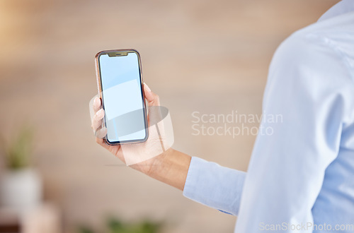 Image of Phone mock up, white screen and contact us website in a hand of a business woman for advertising or digital marketing. 5g wireless internet network promo offer with brand logo or mobile app