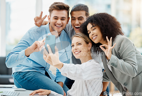 Image of Teamwork, emoji hands and business people selfie with a smartphone for social media content of happy, diversity and trendy staff. Young digital marketing workers in a group collaboration portrait