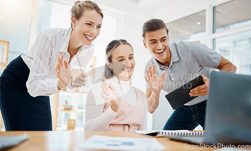 Image of Laptop webinar, video conference and waving team for workshop training, business meeting or global zoom in office. Happy, smile or motivation from greeting people on technology tradeshow presentation