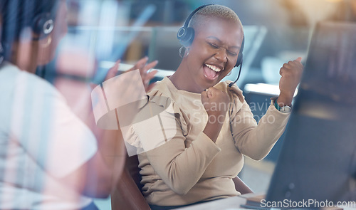 Image of Call center, black woman and celebrating promotion or success in customer service at the workplace. Happy telemarketing agent or employee celebrate win or victory for best desktop support in office.