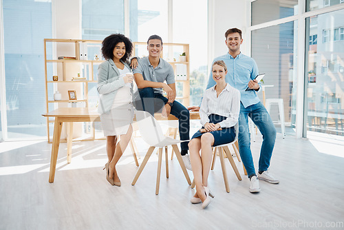 Image of Teamwork, collaboration and business people happy working in corporate, digital agency or office building. Business meeting, innovation and communication with digital marketing or advertising company
