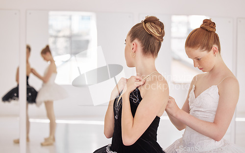 Image of Ballet woman with help from girl with clothes before training, exercise or abstract dance routine. Ballerina student in studio for show with team or partner support at performance art academy school