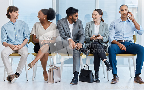 Image of Business communication, team conversation and talking of corporate staff waiting for an interview. Happy discussion of office workers on lunch relax before a job recruitment and hiring opportunity