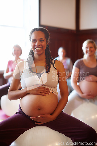 Image of Pregnant, mother and people at pregnancy yoga class, doing pilates for fitness and workout for healthy body. Happy women doing calm and peaceful sports training for wellbeing and health at gym