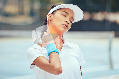 Image of Girl with neck pain after tennis game, muscle injury after sports training on court and emergency health insurance accident after sport. Professional athlete with medical condition after exercise