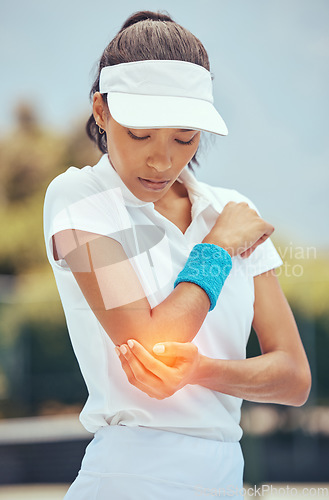 Image of Tennis woman, elbow pain and abstract injury on sports court in wellness exercise, training and health workout. Fitness stress, burnout and medical emergency or arm accident for athlete in match game