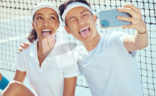 Image of Tennis team taking funny selfie with phone, comic sports people being crazy training for sport competition on court and collaboration at fitness event. Happy, smile and relax athlete taking photo