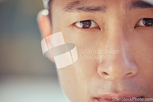 Image of Vision, goal and sports portrait of man for motivation, focus or serious outlook with closeup and outdoor mockup. Mission, active and sweating athlete human face for coach or personal trainer mindset