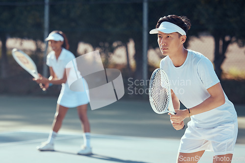 Image of Tennis player team training for sports competition on court, teamwork for motivation in sport goal and action in collaboration event. Healthy athlete ready to play a game or match in partnership