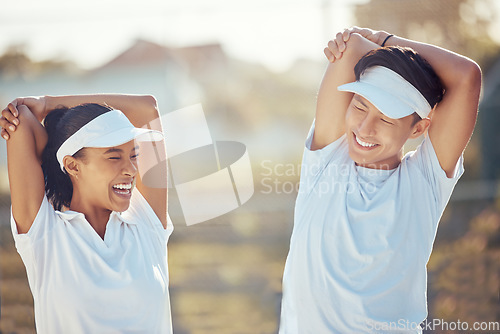 Image of Tennis players stretching arms for a warm up exercise for the joints or muscles for outdoor sport game. Fit, active and happy man and woman athletes preparing for training or practice for a match.