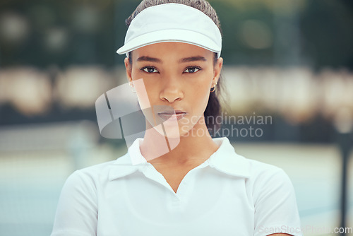 Image of Tennis, portrait and sports woman with powerful mindset, vision or goal at outdoor court practice, training or match. Young black woman professional player face with fitness mission or game outlook