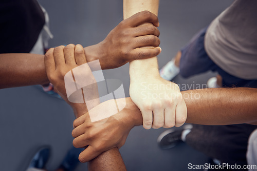 Image of Hands, teamwork solidarity and fitness motivation for athlete winning, joining and strong collaboration for support, target and goal above. Diversity, trust and group connect, celebrate and community