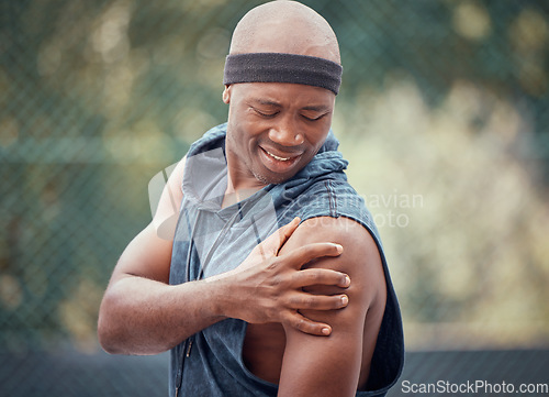 Image of Sports arm injury, black man massage exercise pain and emergency. First aid on muscle, fitness accident and holding bicep. Frustrated person, tennis ache and athlete stress from outdoor training