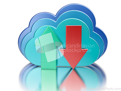 Image of Blue glossy cloud and upload download arrows