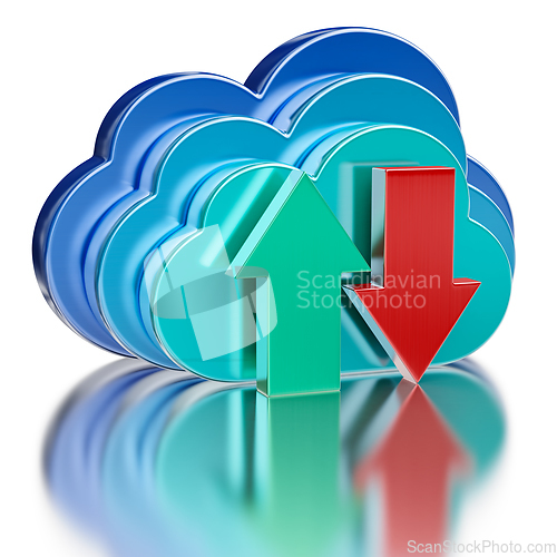 Image of Blue glossy cloud and upload download arrows