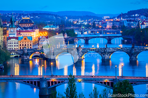 Image of Panoramic view of Prague bridges over Vltava river