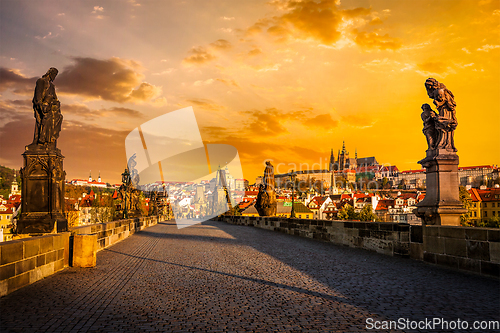 Image of Charles bridge and Prague castleon sunrise