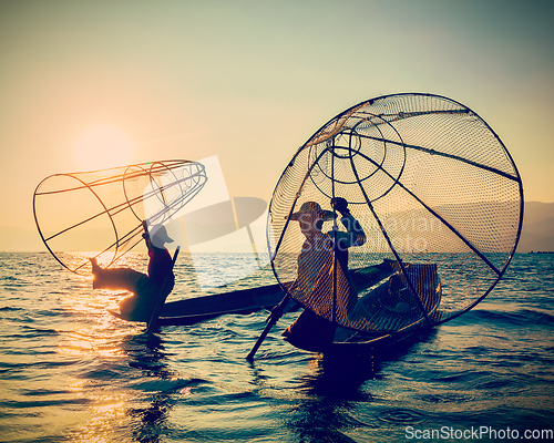 Image of Traditional Burmese fisherman at Inle lake, Myanmar