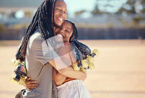 Image of Health, exercise and friends roller skating, hug and bonding at a skate park, happy and cheerful. Black woman and trendy man sharing a sweet moment of friendship while training and enjoying hobby